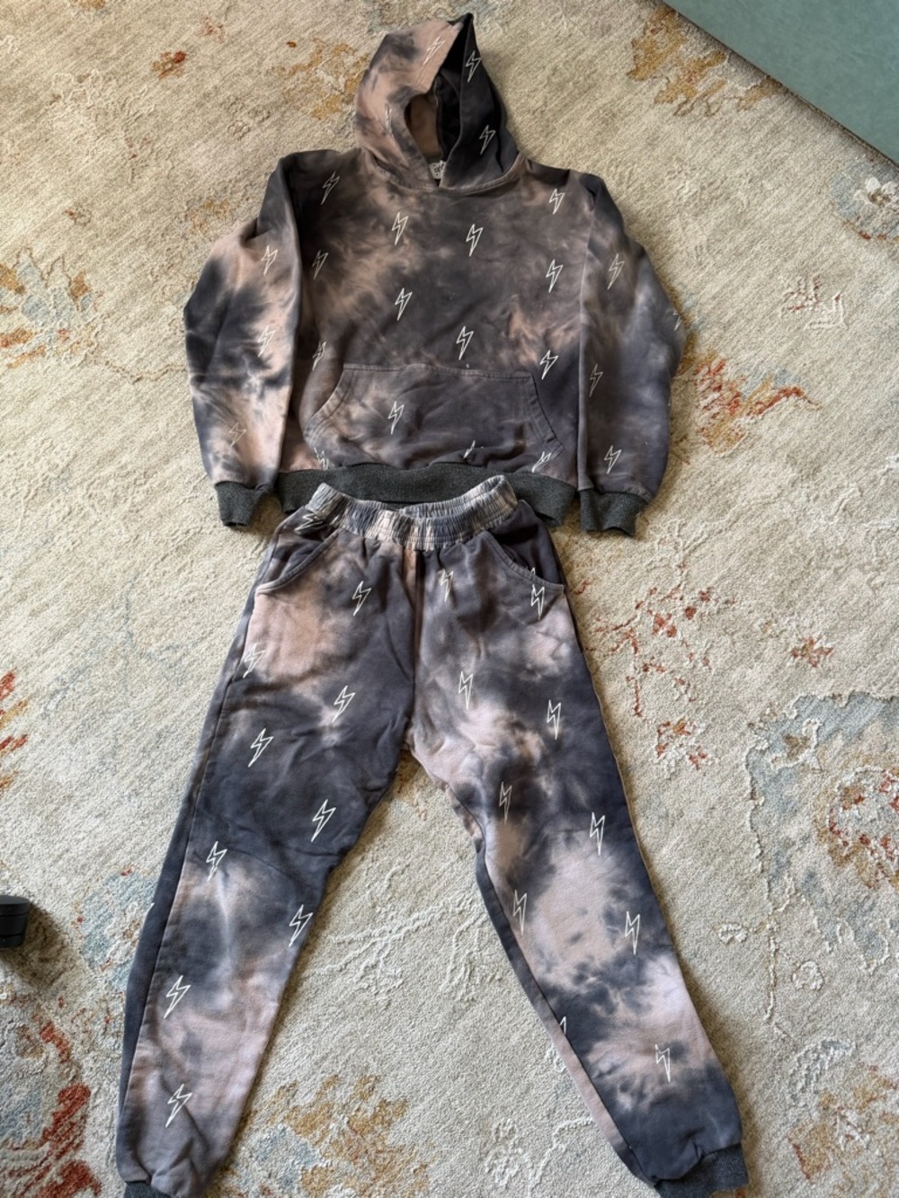 Kids Tie-Dye Lightning Hoodie & Jogger Set - Grey/Brown